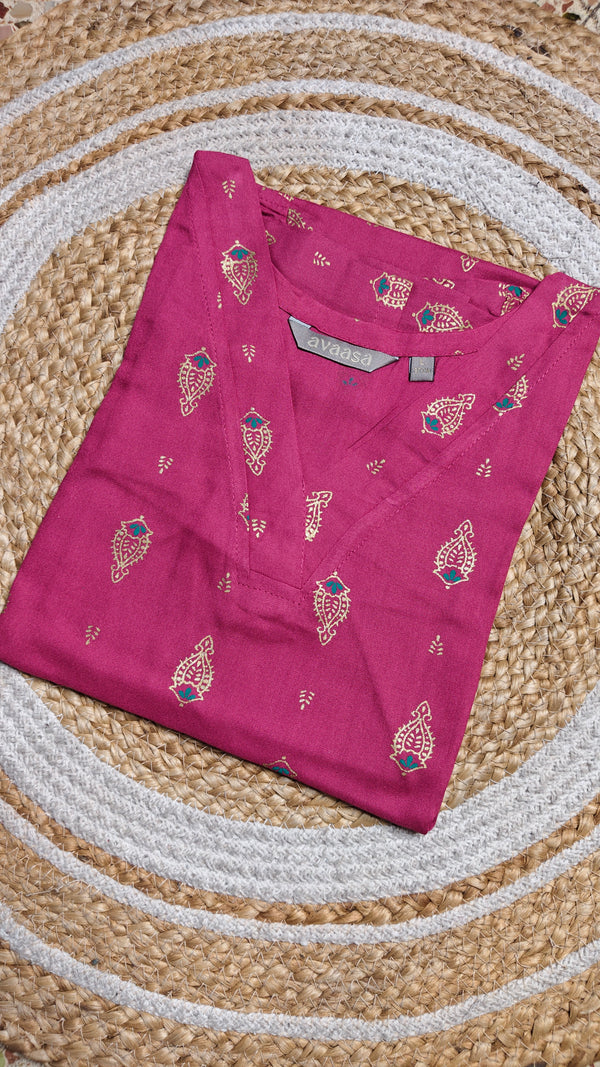 Reddish gold foil floral v neck kurti