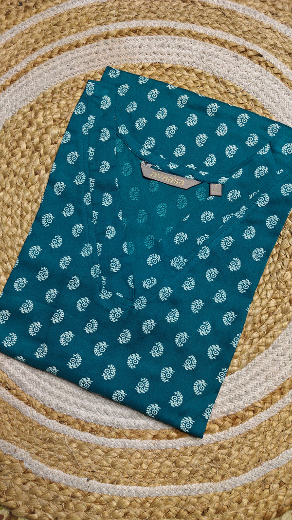 Dark Rama blue v neck kurti floral with leaves