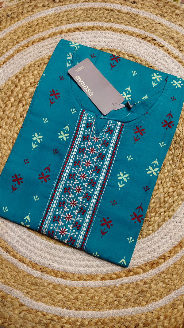 Rama green center embroidery kurti (Size L)