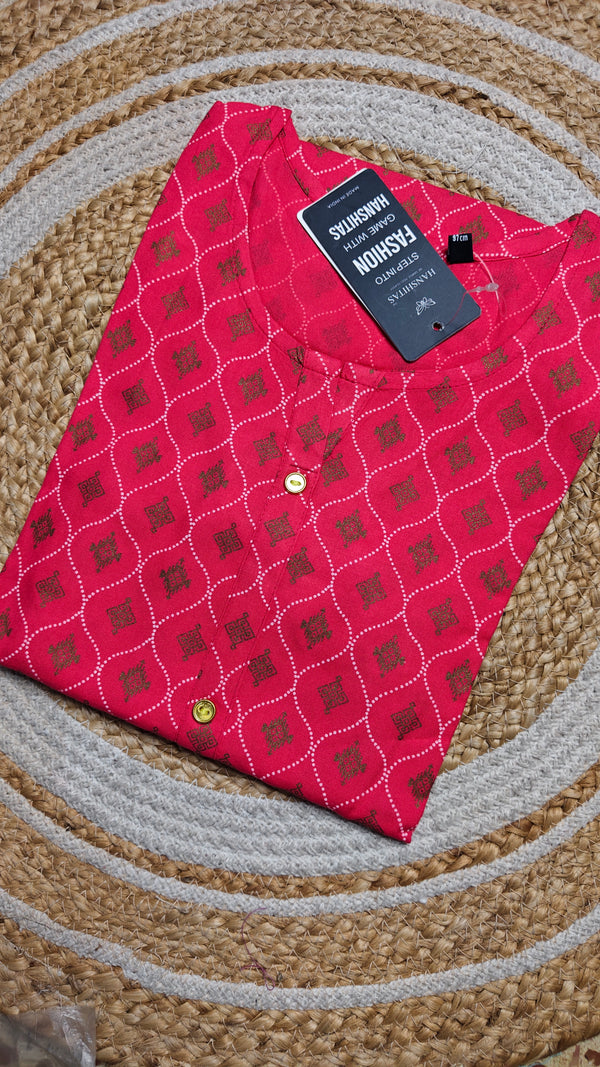 Bright red gold button pattern kurti (Size L)