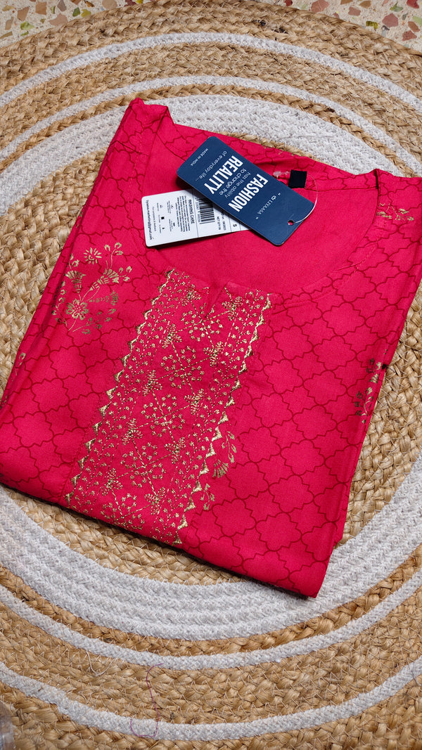 Red foil print center embroidery kurti (Size S)