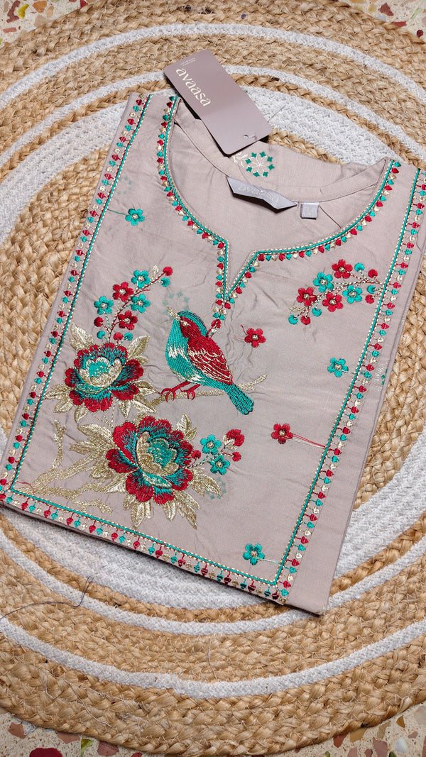 Grey with sparrow half embroidery kurti