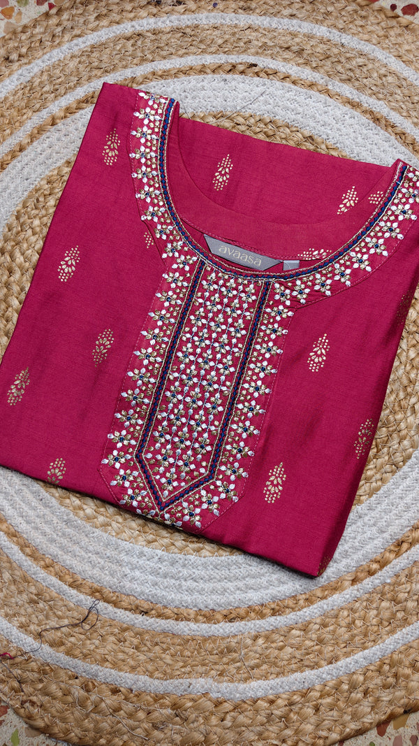 Reddish pink neck embroidery kurtis
