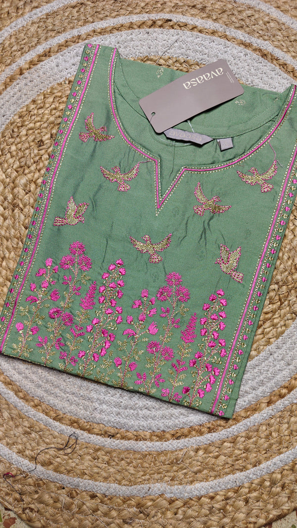 Green with pink multi birds half embroidery