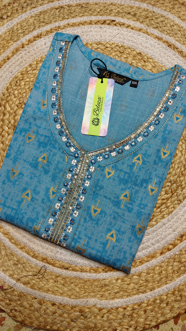 Water blue worked design embroidery (Size 3XL)
