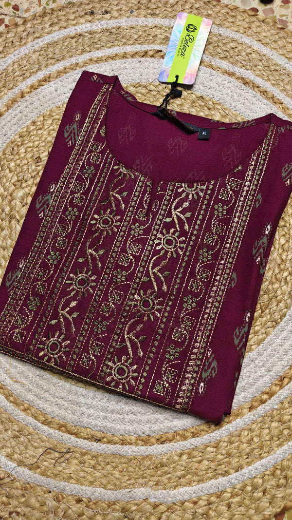 Maroon with mehendi green half embroidery kurti (Size XL)