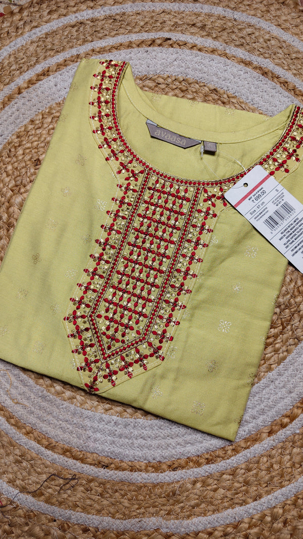 Yellow with red center embroidery kurti (Size S)