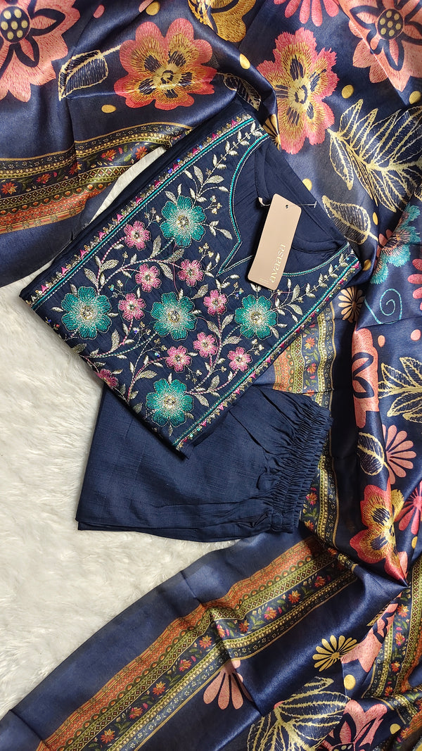 Dark blue worked embroidery